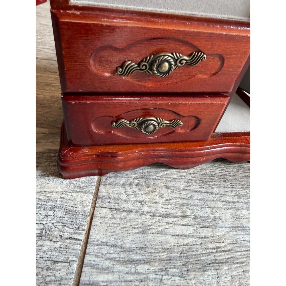 Jewelry Armoire Box Cherry Brown Etched Glass Wood Vintage 80s drawers necklace